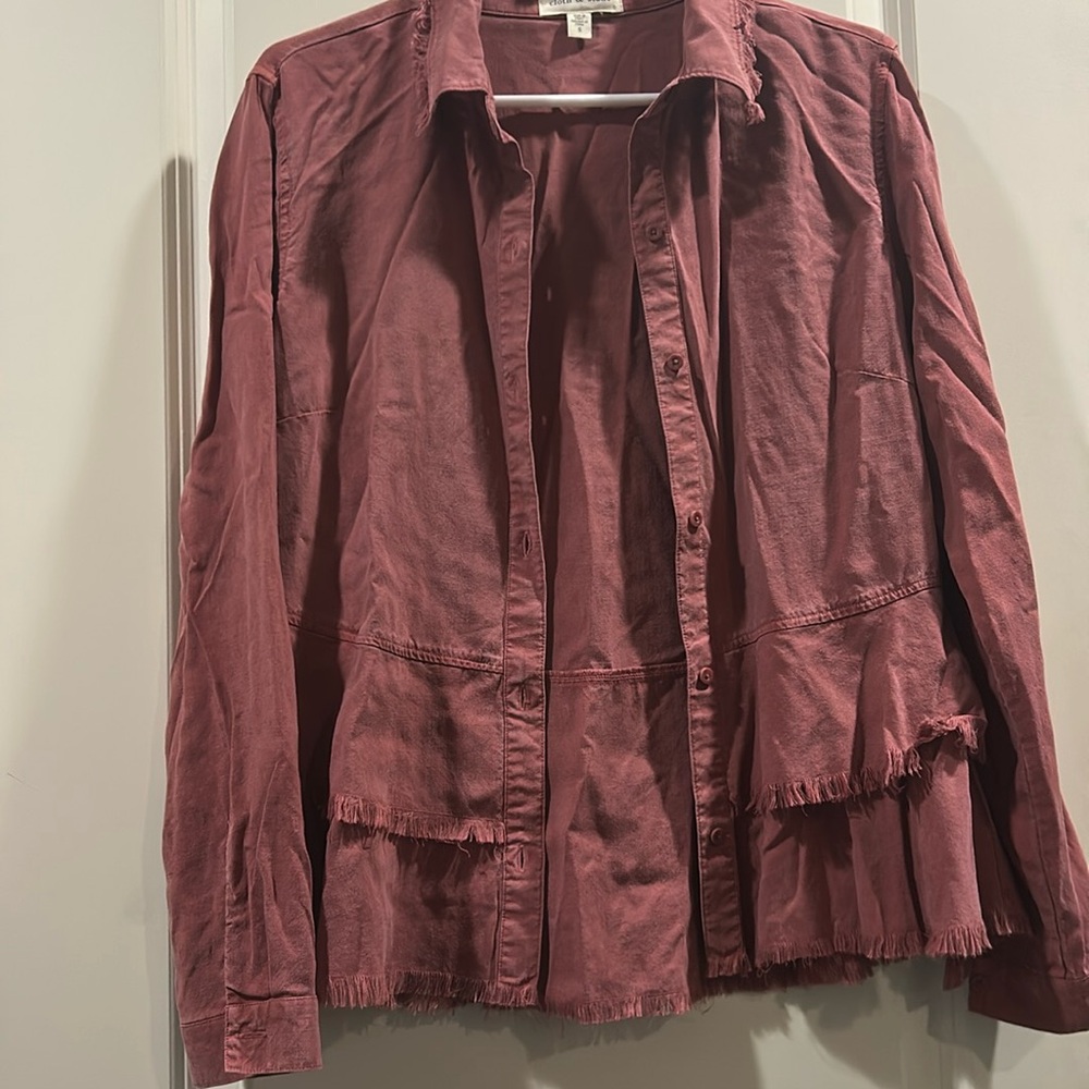 Anthropologie Cloth & Stone Layered Fringe Hem Button Down Long sleeve shirt S